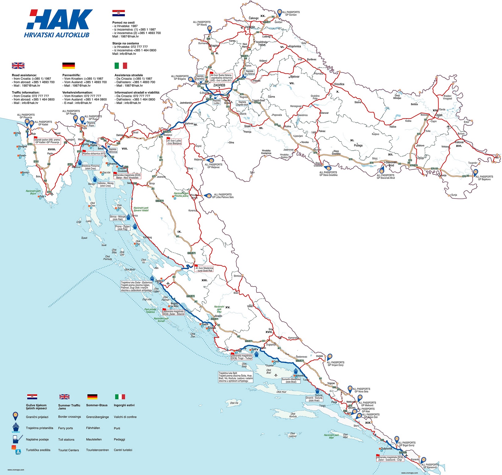 karta zagreba hak Karta najčešćih ljetnih gužvi na hrvatskim cestama   HAK karta zagreba hak